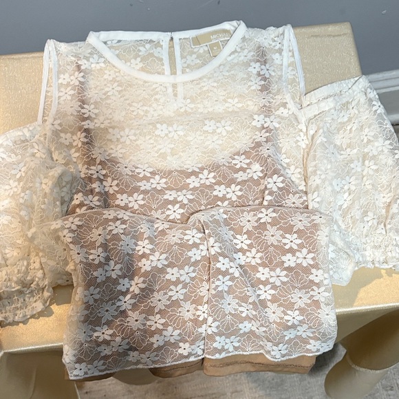 Michael Kors Lace Cold Shoulder Blouse - White and Tan - Picture 1 of 3